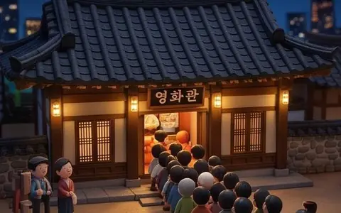 한옥 지붕 극장 앞 길게 줄 선 관객 점토 인형