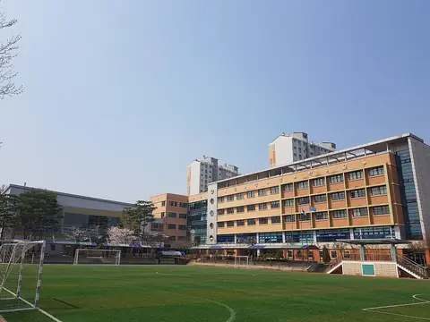 인조잔디 운동장 너머로 보이는 고창중학교 건물과 뒤쪽 아파트