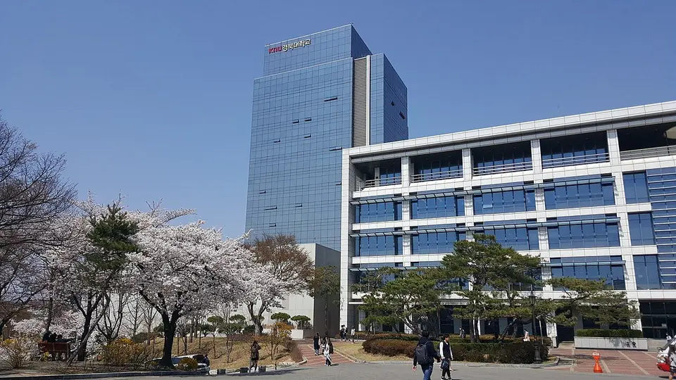 벚꽃이 핀 경북대학교 대구캠퍼스의 유리 고층 건물 글로벌플라자와 중앙도서관