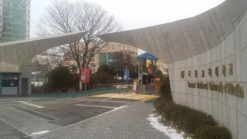 휘어진 지붕 모양의 문 구조물과 '서울교육대학교' 글자가 새겨진 벽, 그 뒤 나무와 건물