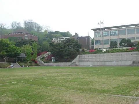 넓은 잔디 운동장 너머로 보이는 서강대학교 건물들과 꽃이 핀 언덕